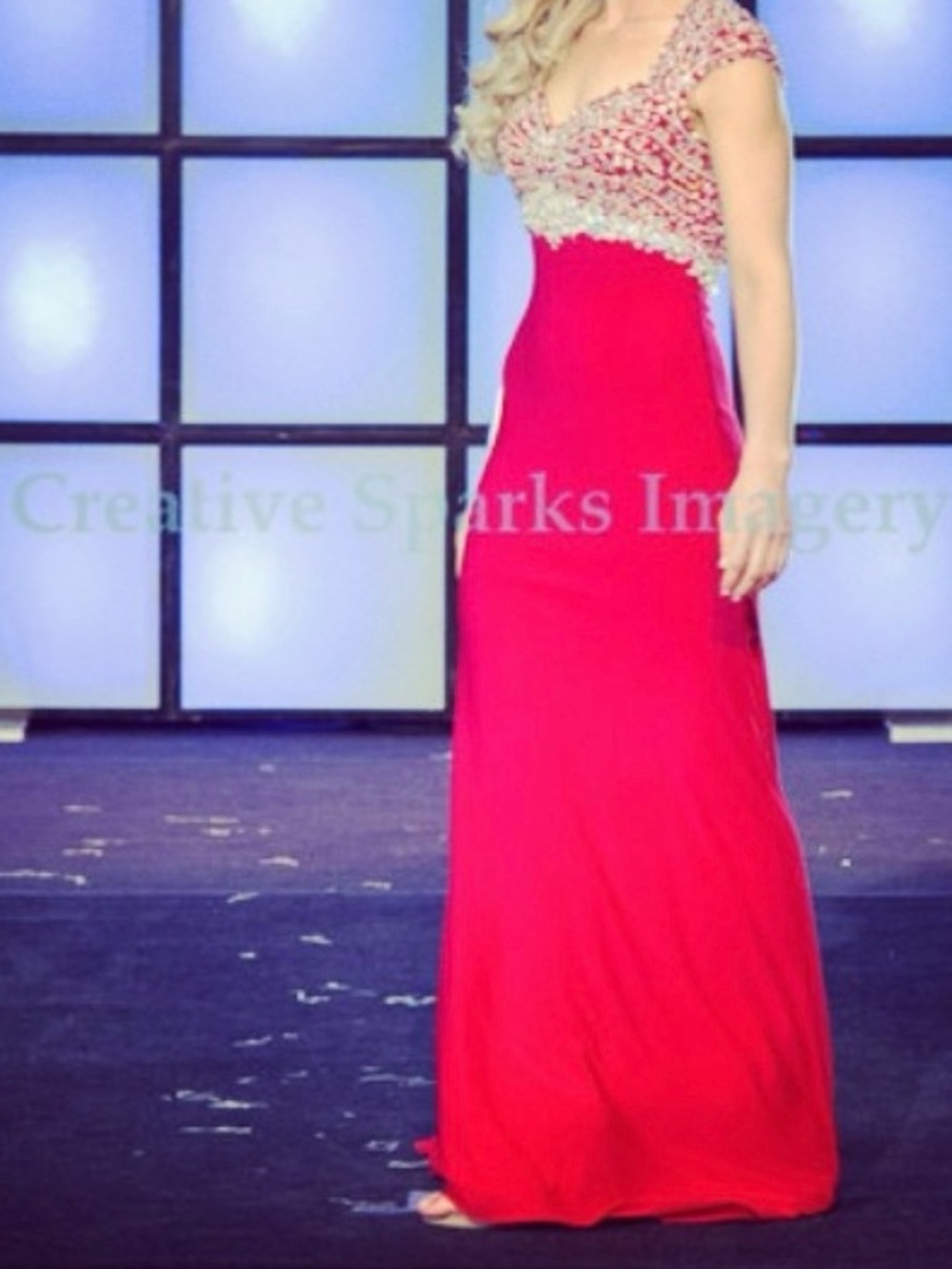 Jovani Fuchsia Red Beaded Cap-Sleeve Prom Gown